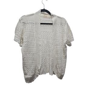 Faded Glory Y2K Short Sleeve Open Knit Crochet Cardigan XL 16-18 Ivory Boho